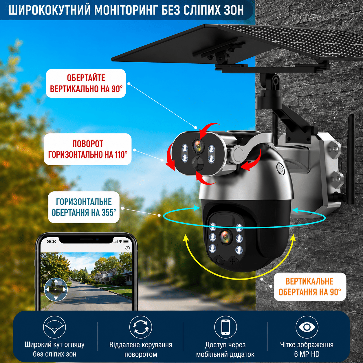 Вулична IP камера відеоспостереження 6 МП 4G/Wi-Fi PTZ 360° поворотна із сонячною панеллю та SIM-картою Q5Max Dual Lens фото 6
